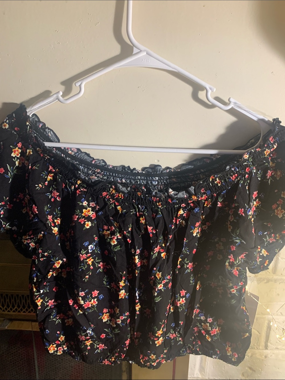 Ten Sixty Sherman Black Off-Shoulder Crop Top with Multicolor Floral Print